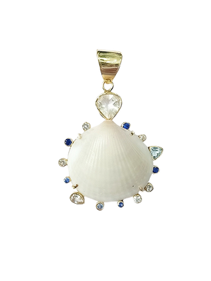 Jewelry pendant with shell and gemstone design on a white background.
