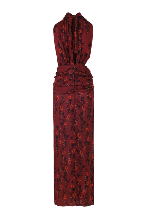 A burgundy-wine maxi dress with a halter neck and tie back at the neck