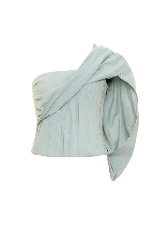 Light blue denim bustier top with drape.