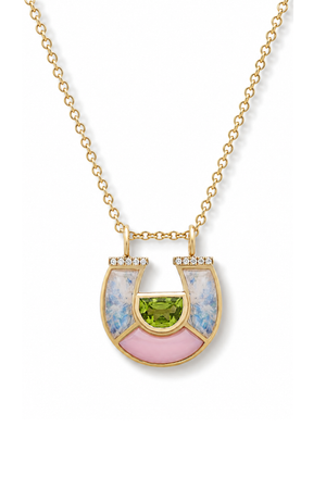 Peridot, Moonstone, Pink Opal & Diamond Horseshoe Necklace