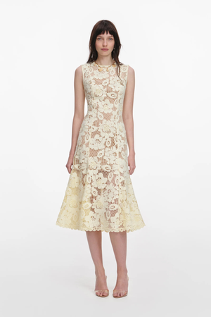 Woman wearing a yellow floral lace midi dress on a white background