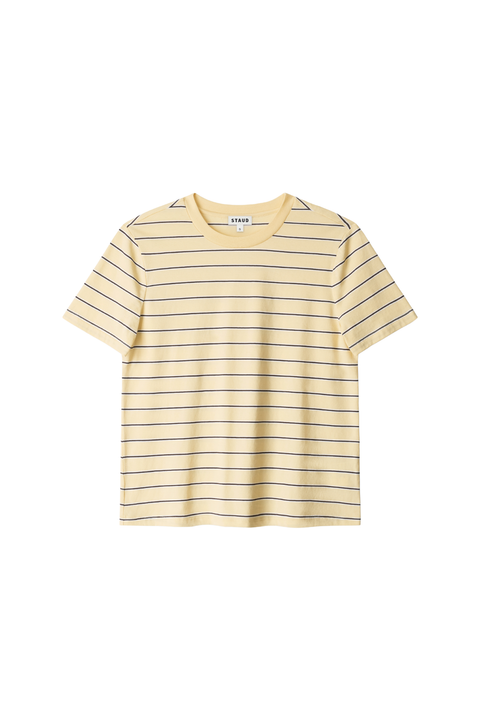A short-sleeve crewneck t-shirt with thin horizontal navy blue stripes on a pale yellow base, displayed flat against a solid white background.