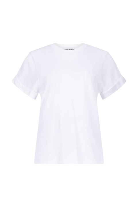 A classic white t-shirt with cuffed sleeves on a white background
