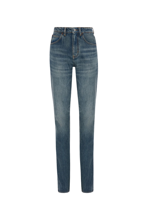 Mid-blue straight leg jeans on a white background