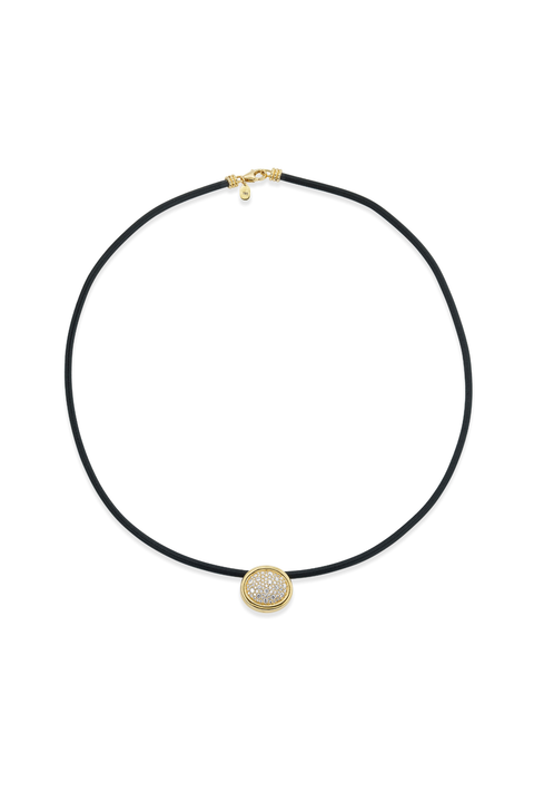 Necklace with a black cord and gold clasp on a white background