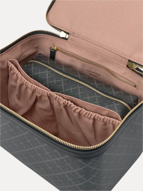 Inside beauty bag with compartments and smaller toiletry bag.