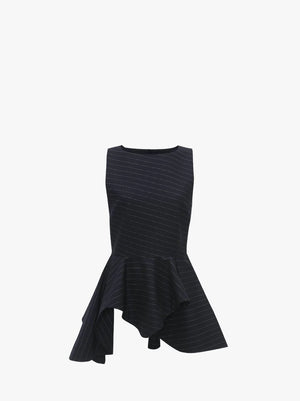 Ghost image of the navy sleeveless peplum top with white pinstripes.