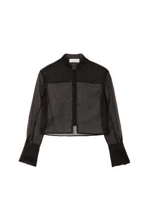 A black sheer long-sleeve blouse with a mandarin collar and button-down front, displayed on a clean white background.