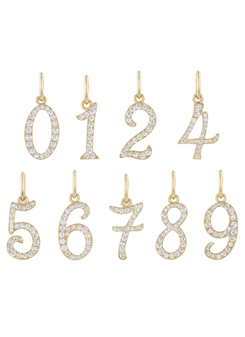 Number charms 0 - 9 in yellow gold and white diamonds.