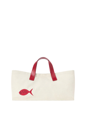 Beige tote bag with red fish embroidery and handles on a white background