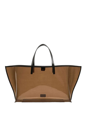 Brown pvc see through tote bag with brown leather handles on a white background