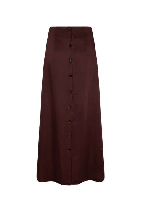 Long brown skirt with asymmetrical buttons on a white background