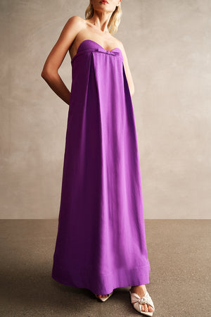 Long strapless purple dress on a model