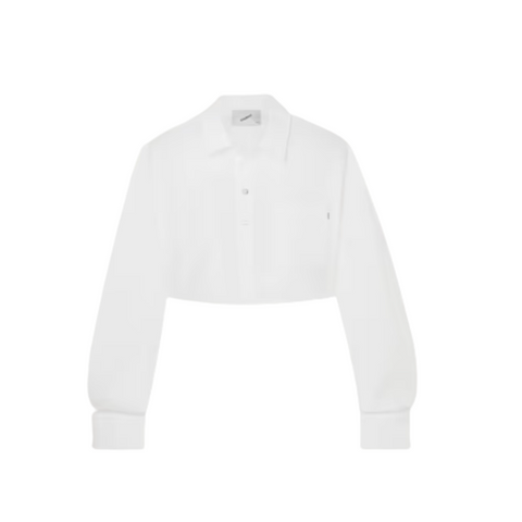 Flat-lay image of the white Cropped Shirt on a white background. 