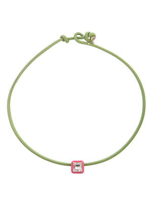 Green leather choker with pink enamel charm and square cut rock crystal