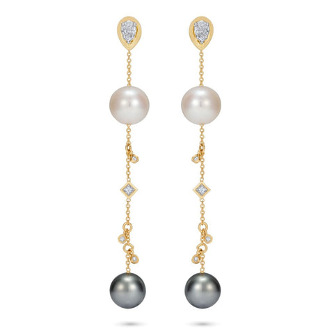 Close-up product image of the Catena Pearl Drop Earrings on a white background.  